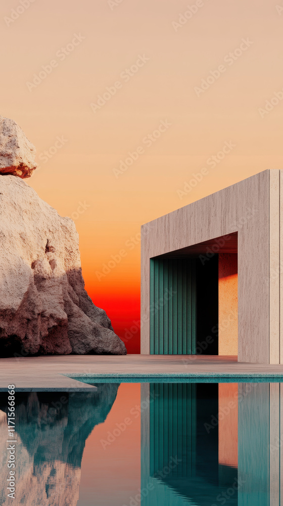 Aufkleber Minimalist Architectural Design with Stunning Sunset Reflection in a Serene Pool Setting