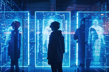 Person exploring futuristic virtual reality interface.