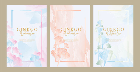 Watercolor vertical ginkgo background with frame inside