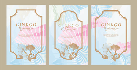 Watercolor vertical ginkgo background with gold frame inside