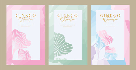Watercolor vertical ginkgo background for spa business documents