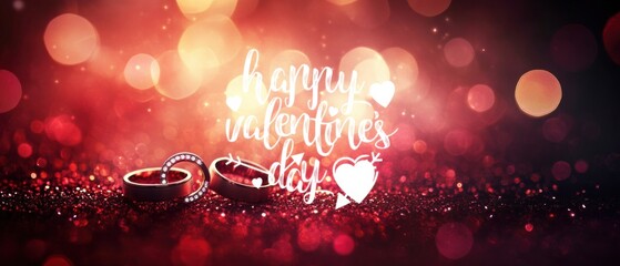 Romantic Valentines Day Rings on Red Glitter Background