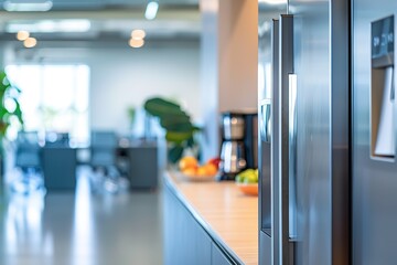 Modern office kitchen with stainless steel refrigerator and blurred background.