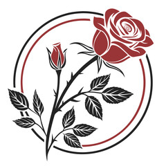 Elegant and modern logo design featuring a red rose inside a circular frame