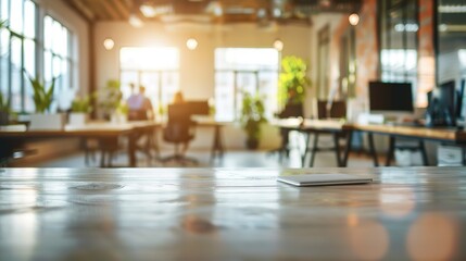 Modern office workspace with tablet on desk, sunlight streaming through windows.