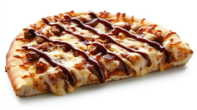 a delicious hot pizza slice with gooey melted cheese cascading down showcasing toppings and drizzled oils isolated on a pristine white background evoking hunger and cravings