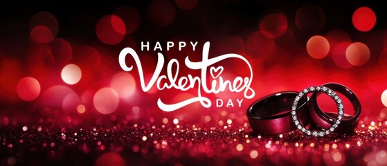 Sparkling Valentines Day Rings on Red Glitter Background