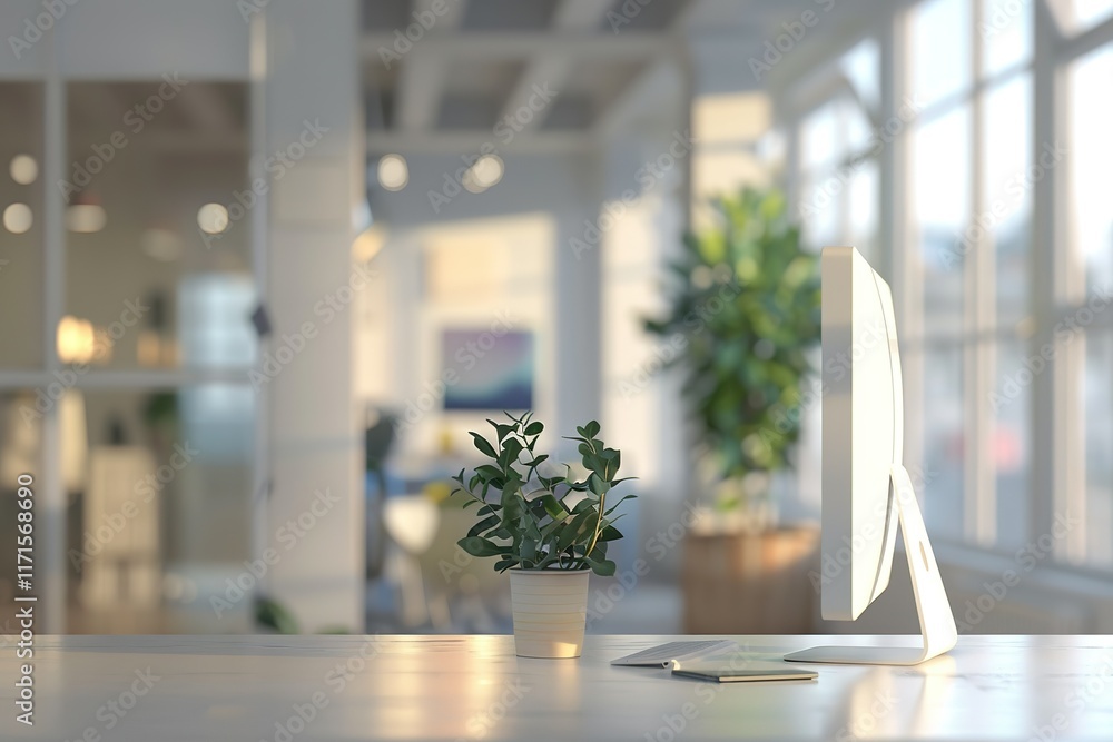 Poster modern workspace with computer and plant. sunlight streams through large windows.
