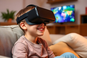 Young boy sitting on the couch wearing VR glasses, watching an interactive video game in virtual reality. She is smiling and having fun while exploring different worlds through her headset.