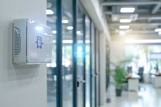 Modern office security system panel on wall.