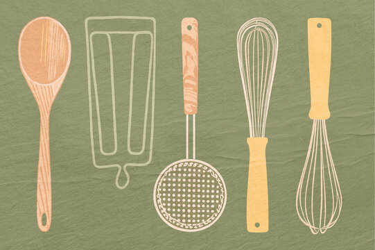 Kitchen utensils illustration on a green background.