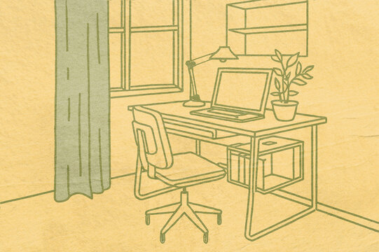 Cozy workspace illustration featuring a desk and chair.
