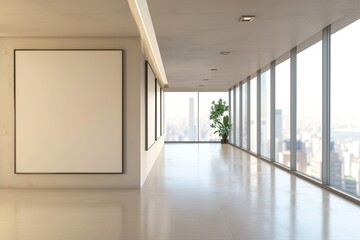 Obraz premium Modern office hallway with city view and blank canvases.