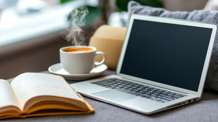 Fototapeta premium A cozy workspace featuring a laptop, steaming coffee, and a book, perfect for productivity and relaxation.