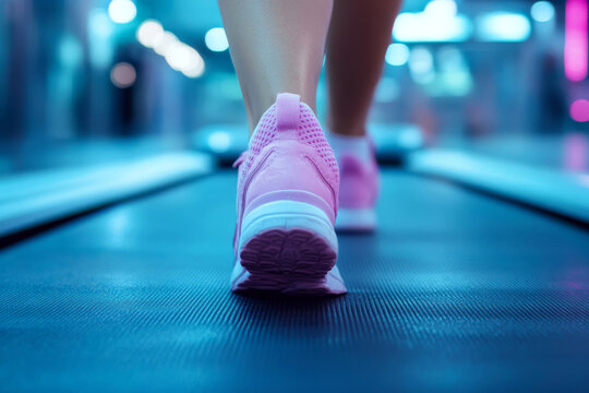 Pink athletic shoes are shown walking on a treadmill under neon lights. Concept of fitness, exercise, and healthy lifestyle. For gym or sportswear promotions.