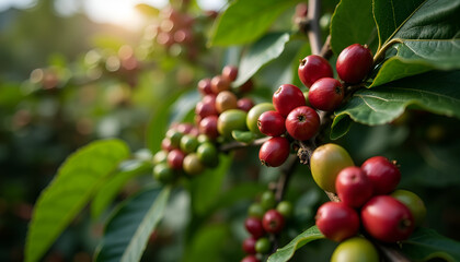 Close-up of ripe coffee cherries growing on a coffee plant