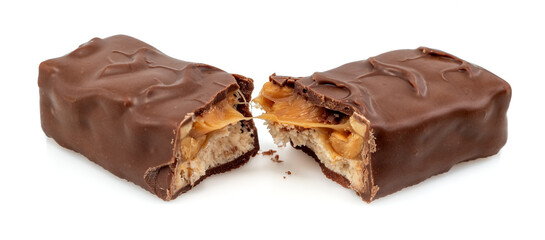 Bar with peanuts, hazelnuts, caramel and chocolate on a white background. View from above. Nut bar isolate. Sugar