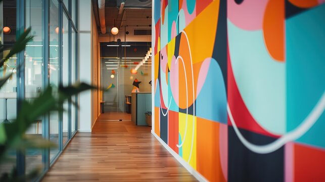 Modern office hallway with vibrant abstract wall art. - Powered by Adobe