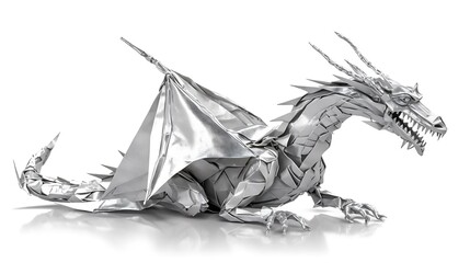 Isolated detailed origami dragon made from metallic paper isolated on solid white background.