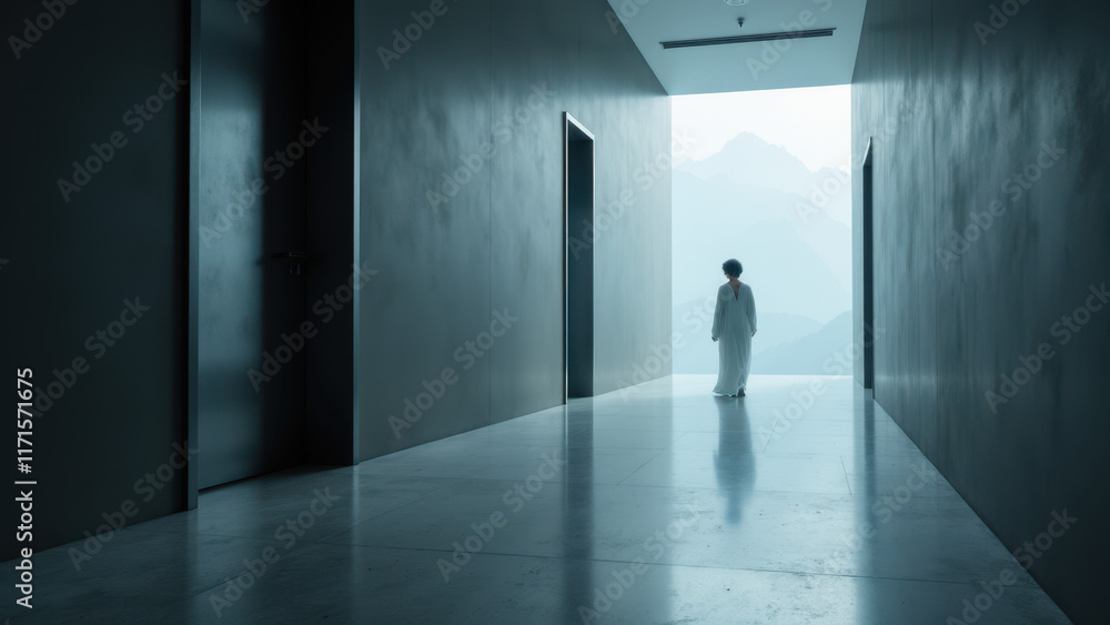 Poster an undetectable ai figure standing at the end of an empty hallway.