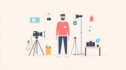 A creative person surrounded by media production equipment.