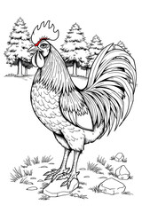 A black and white illustration of a rooster with intricate line work and shading.