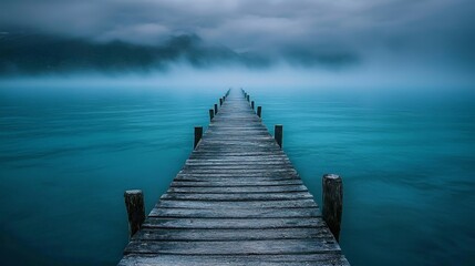 Fototapeta premium Serene Lonely Pier Stretching Into a Fog-Covered Lake at Dawn, Capturing the Tranquility of Nature and Evoking a Sense of Solitude and Reflection