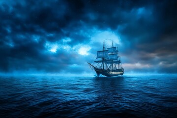 Obraz premium A Lonely Ship Sailing Through a Foggy, Dark Sea Under an Ominous Sky with Faint Light Breaking Through the Clouds