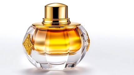 Isolated elegant glass perfume bottle with golden cap isolated on solid white background.