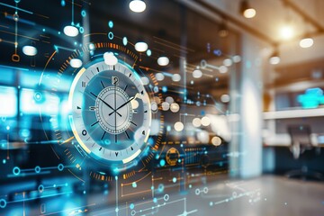 Modern clock overlay on office space, symbolizing time management and efficiency in a business setting.