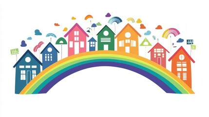 Fototapeta premium Colorful houses under a vibrant rainbow, symbolizing joy and unity.