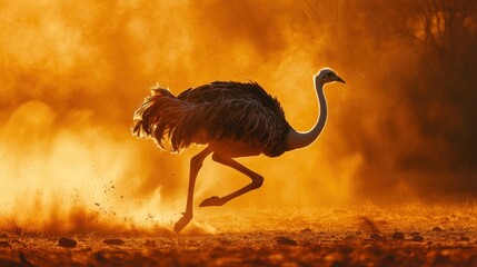 Golden Hour Ostrich: A Majestic Run Through African Dust
