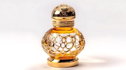 Isolated elegant glass perfume bottle with golden cap isolated on solid white background.