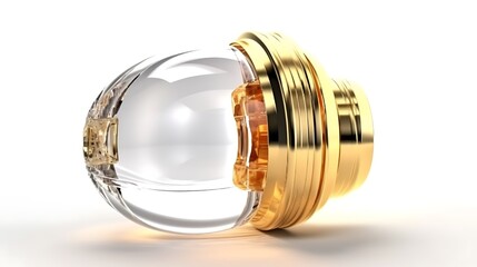 Isolated elegant glass perfume bottle with golden cap isolated on solid white background.