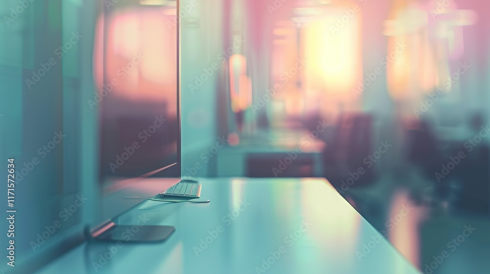 Poster modern workspace with computer and keyboard, blurred background.
