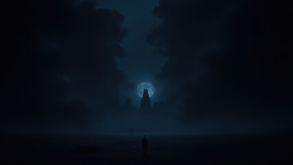 Fototapeta premium A dark, futuristic landscape with an AI-controlled city under a dim moonlit sky.