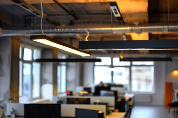 Modern office interior with sleek lighting fixtures.