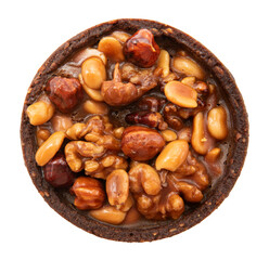 Bar with peanuts, hazelnuts, caramel and chocolate on a white background. View from above. Nut bar isolate. Sugar