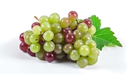 Isolated fresh cluster of grapes with a green stem isolated on solid white background.