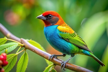 Obraz premium Vibrant Bay-headed Tanager (Tangara gyrola) portrait, sharp focus, showcasing its tropical beauty.