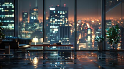 Obraz premium Night city view from a modern office.