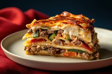 a slice of green chile lasagna on an off-white plate, with a red cloth backdrop