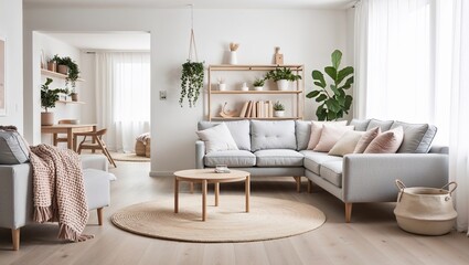 Modern cozy living room with neutral furniture and plants