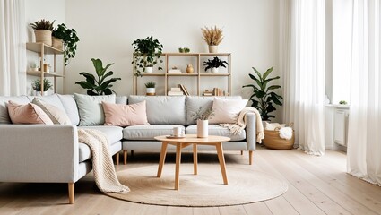 Modern cozy living room with neutral furniture and plants