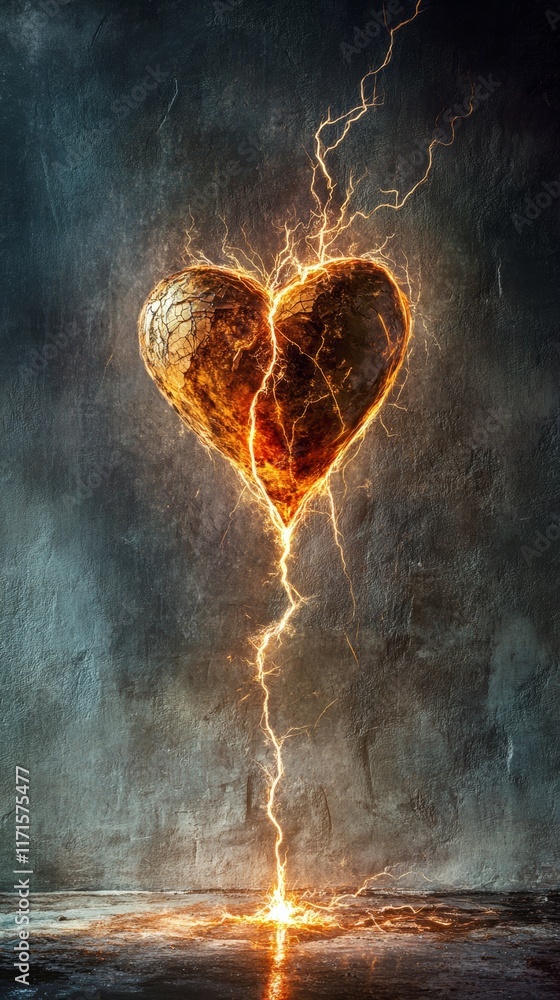 Poster heart split in two with glowing edges and sparks illuminating the dark background