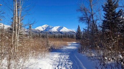 A snowy path through a winter forest leads to a mountain range and a bright blue sky.