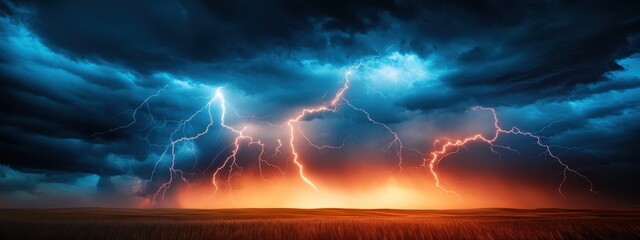 A dramatic view of a massive lightning storm over a vast plain, with multiple bolts striking the ground and illuminating the night, Plains scene