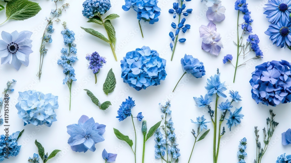Poster a stunning array of blue flowers like azure hydrangeas and cobalt delphiniums isolated on a clean wh