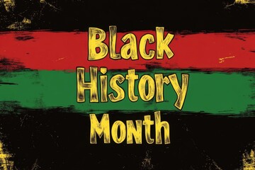 "Black History Month" in the style of African American heritage, with a bold, black text on a white background, surrounded by red, green, and yellow stripes Generative AI