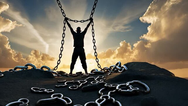 Silhouette of Man Breaking Chains at Sunrise on a Rocky Surface with Dramatic Sky in a Symbolic Moment of Freedom


